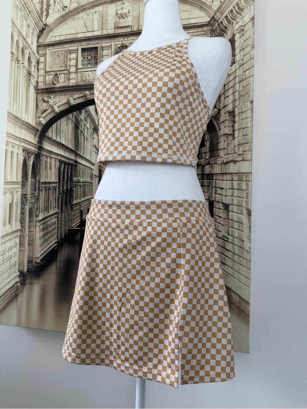 Like New Checkerboard Halter Crop Top & Skirt Set - Beige - Picture 8 of 16
